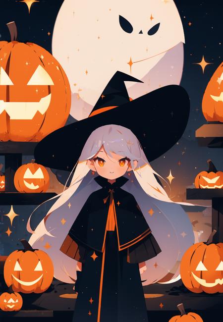 wsjbpch, 1girl, ghost, hat, witch hat, long hair, jack-o'-lantern, smile, black headwear, sparkle, witch, standing, closed mouth, pumpkin, dress, swept bangs, bangs, black dress, long sleeves, high collar, brown eyes, white hair, holding, moon, night, straight-on, sky, very long hair, orange eyes, cloak, black cloak<lora:MW_ä¸å£èæå¹³æç»v11:0.8>