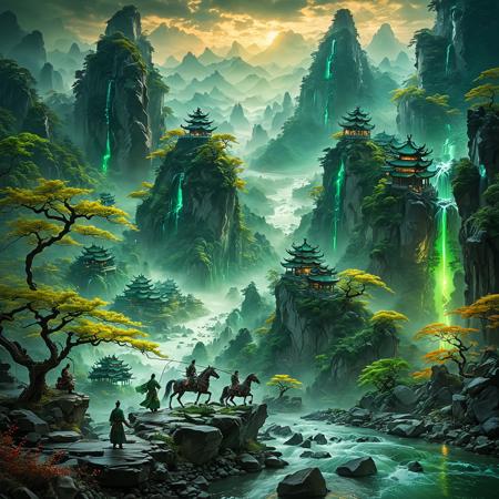 (Wuxia:1.5),(Surrealism:1.5),epic composition,stunning intricate details,glowing,dragons and horses,verdant mountains and rivers,heroes roam.
masterpiece,best masterpiece,