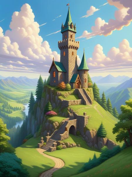 <lora:SS02ImpressionisticPainting_Hap_XL:1.5>,Thomas Kinkade style, <lora:add-detail-xl:0.00001> ,oil painting, Isometric stone tower rising majestically in a pixelated game landscape, simple lines forming a sturdy base tapering into a whimsical spire, cartoonish charm, moat encircling its base, lush green grass dotting the terrain around, soft shadows implying a bright, cheerful sky above, digital render suitable for game asset, 8-bit color scheme.ï¼