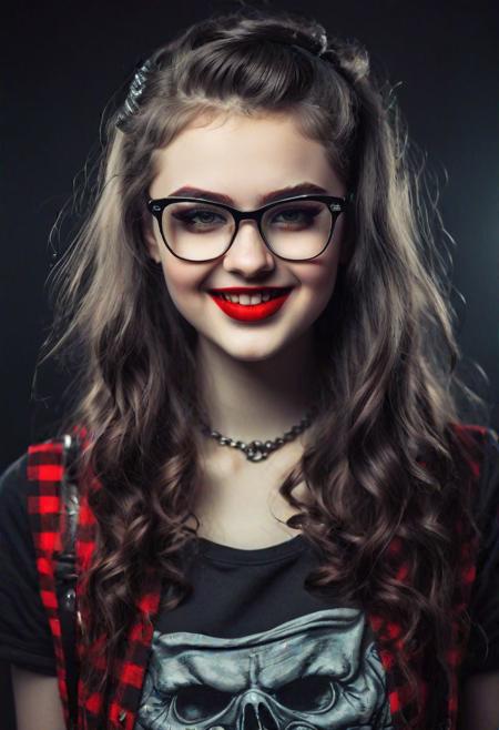 a gorgeous cute 20-year-old dream-woman with an evil smile; red lips; wearing nerdy glasses; alluring heavy metal attire