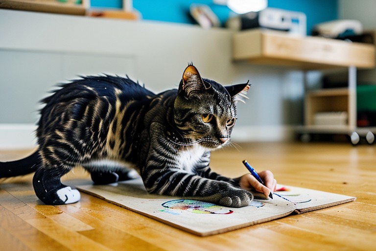 A Maine cat standing on a map of Earth plotting world domination, (((cat literally being an artist))), (((cat with a pen))),(((cat who can actually draw))), (((cat holding a pen with its paw))), cat drawing lines with a pen on a world map, cat holding a pen and drawing on a world map with it, cat using a pen, paw holding a pen, cats paw holding a pen, cat using a paw as a hand to draw a world map,  JML, scenery