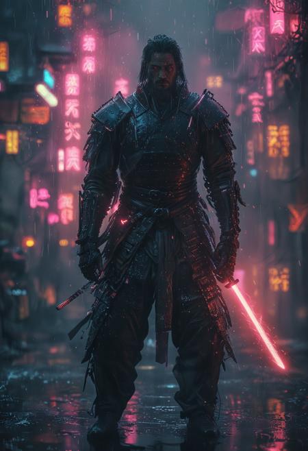 Cybernetic samurai in neon rain, glowing neon lights background, battlestance, long glowing sword, masterpiece, fantasy, digital art, highly detailed, overall detail, atmospheric lighting, Awash in a haze of light leaks reminiscent of film photography,  awesome background, highly detailed styling,  studio photo, intricate details, highly detailed, cinematic,  <lora:MJ52:0.6>,  <lora:glowneon_xl_v1:1>