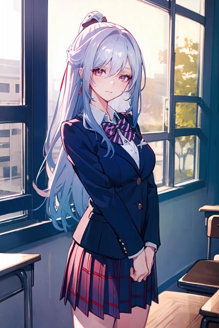 1girl, jingliu \(honkai: star rail\), silver hair, school uniform, blazer, collared shirt, bowtie, checkered skirt, light smile, classroom, indoors, cowboy shot, depth of field