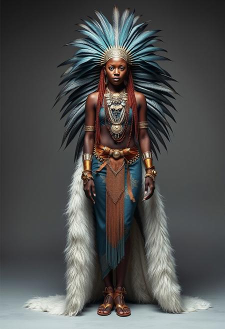 front view, Full shot of an african tribal warrior queen, elegant, rich low saturation blue-green and silver clothes, awesome feathers headpiece, extremely long fur white cape, tribal necklaces, , tribal sandals, standing pose, studio photography style, neutral grey background,