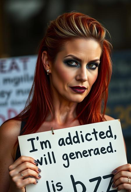 Picket Sign, tan woman in her 50s, smokey eyes makeup with black lipstick, brown eyes, she is holding a Picket sign which says: "I'm addicted, will generate for buzz.", Long red hair shaved on one side with light roots, Large breasts, erotic, perfect face, perfect anatomy, cute, beautiful, perfect beauty, amazing beauty, pure genius, absolutely perfect, gentle, highly detailed, breathtaking, italian beauty