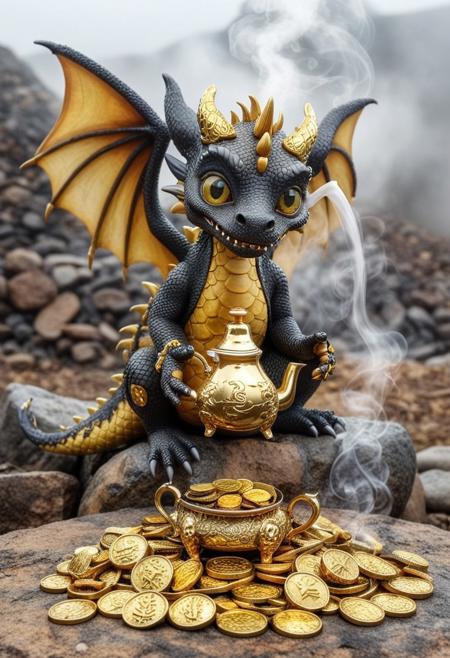 a little cute dragon made entirely of atai, sitting on a pile of gold coins, offering a teapot, solo, big eyes, wings, detailed eyes, (smoke:0.9), rock, outdoor, mist