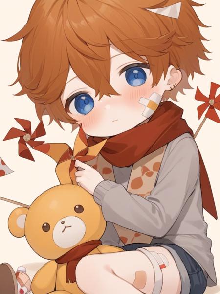 <lora:å¬å­:1>ï¼1boy, male_focus, bandaid, pinwheel, male_child, blue_eyes, bandaid_on_face, bangs, stuffed_toy, hair_between_eyes, solo, holding, aged_down, long_sleeves, bandaid_on_cheek, blush, stuffed_animal, orange_hair, child, brown_hair, scarf, toy, bandaid_on_leg, short_hair, bandaid_on_knee, shirt, shorts