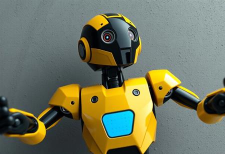 An award-winning, hyperrealistic 4K close-up photograph of a toy robot, meticulously rendered with Octane Render and Unreal Engine 5. The main subject, a yellow and black robot with a vibrant blue stripe on its chest, is presented with lifelike details and a handcrafted precision. Its head is subtly tilted left, showcasing beautiful detailed eyes (interpreted as sensors), and its arms are outstretched in a dynamic action pose, conveying a proactive expression and a certain 'sexy look' through sleek design. The texture of its metallic casing reflects the highest quality, with sharp lines and subtle brush strokes (digital texture strokes). The background is a stark, gray concrete wall, rendered as a beautiful matte painting, providing a dramatic contrast. Captivating lighting creates vivid emotions and a joyful impact. The impeccable composition, utilizing a creative angle and balanced editing, emphasizes intentional focus on the robot. Multi-colored, harmonious, complementing colors define its contemporary aesthetics. Trending on ArtstationHQ and CGSociety, this overdetailed digital art piece, conceived as concept art, achieves the most beautiful image ever created, embodying subtle details and a powerful message. Golden Ratio. Well-timed moment. Beautiful scenery (abstracted from concrete).