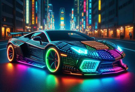 vibrant colors, shiny_skin, prefect lighting, detailed image, snoozing, masterpiece, best quality, highly detailed, ultra quality, solo, 
Sports car made of RGB Keyboard, neon lights, glowing,  glowing lights, 
On the road, city street, city, skyscraper, building, sciencefiction, neon lights, night, moon, blue sky, 
<lora:StS_PonyXL_Detail_Slider_v1.4_iteration_3:4>,