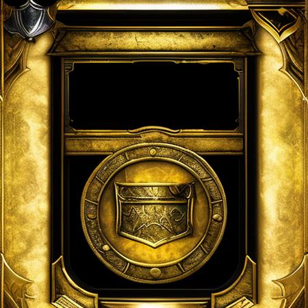 bct2,black and gold colour, card that looks like a bank vault, heroic fantasy style, black background, chest in the picture frame at the top, cloud texture text box at the bottom, coin symbol at the top right, shield symbol at the bottom left,  masterpiece, best quality, <lora:bct2_2080_basic:2.0>