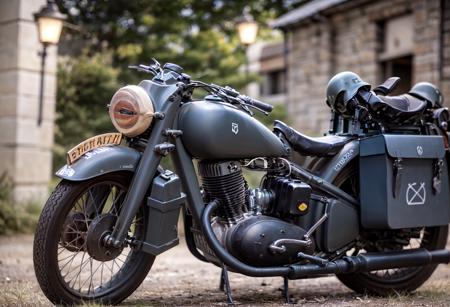 gorgeously rendered RAW 8k HDR high-resolution wide-angle full-frame panoramic photograph of a nz350 (((parked in a 1940 German village at night))), wwi fighters in sky overhead, trending on artstation, highly detailed, intricate, lens flare,  bokeh, soft focus, diffused soft lighting, shallow depth of field, photography, photograph, cinematic lighting, detailed skin, realistic, photorealistic, hyperrealism, <lora:dkw_nz350:0.7>