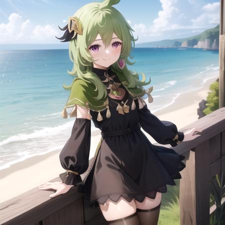 ((masterpiece)),(best quality),official art,extremely detailed CG,unity 8k wallpaper,ultra detailed,A lighthouse on a cliff by the sea,1girl,solo,cowboy shot,looking at viewer,green_hair,green_capelet,jewelry,puffy_long_sleeves,single_earring,toeless_footwear,hair_ornament,purple_eyes,brown_thighhighs,bangs,blush,smile,crossed_bangs,ahoge,tassel,pink_eyes,boots,black_dress,medium_hair,asymmetrical_legwear,<lora:Collei(kan)>,