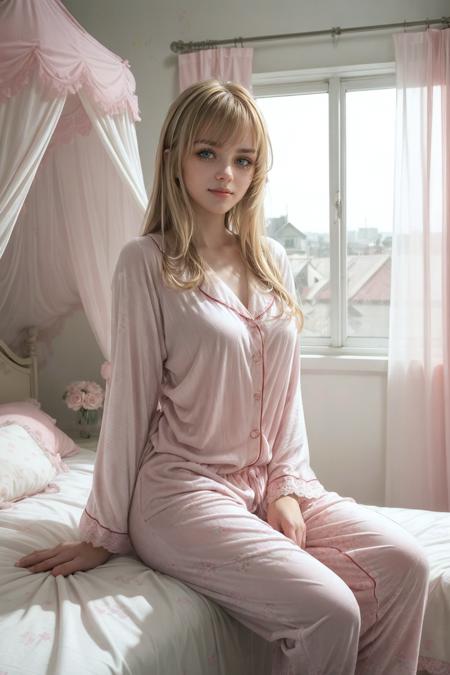 photo of mar1ya with long blonde hair, bang, wearing (full pajamas:1.3), sitting on bed in a cute girly bedroom adorned with pastel hues and playful decor. The walls are painted in soft pinks or lavender, with a delicate floral or heart-patterned wallpaper as an accent. A canopy bed with sheer, flowy curtains creates a dreamy atmosphere. Plush stuffed animals and fluffy throw pillows in various shades of pink adorn the bed,
realistic, photorealistic,
<lora:sd15-mar1ya-v1.1:0.8>
<lora:add_detail:0.5>, High quality, RAW photograph, detailed background, intricate, highly detailed, sharp focus, high resolution, 8k, uhd, dslr, realistic eyes, perfect eyes,