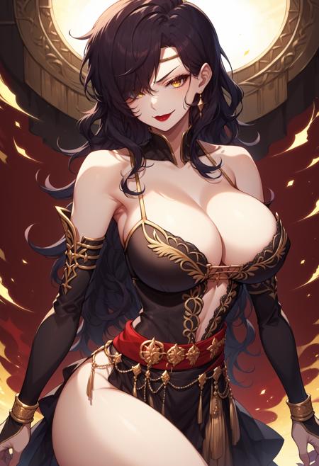 fe-sonia-7, black dress, circlet, gold belt, gold trim, plunging neckline, red sash, long hair, yellow eyes, bridal gauntlets, high heels, gold shoes, black hair