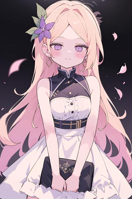 1girl, solo, dress, blonde hair, long hair, hair ornament, breasts, hair flower, white dress, smile, flower, looking at viewer, medium breasts, blush, closed mouth, jewelry, forehead, sleeveless, earrings, bare shoulders, petals, sleeveless dress, bangs, pink flower, pink eyes, parted bangs, bare arms, standing, purple eyes, clothing cutout,<lora:cute_style_noreg:1>,