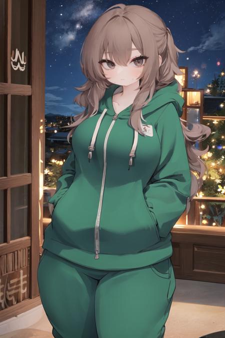 <lora:hips-10:1>, (wide hips), 1girl, sweatpants, hoodie, hood down, messy hair, long hair, night, facing viewer, expressionless, brown hair, long hair, bare legs, cowboy shot, hands in pockets, curvy, large breasts, forest