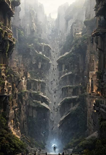 POV view , DOF,
(Ancient civilization, Alien Prometheus movie scene, dune movie scene:1.5), (The colonial city of the future, in the mist-filled Grand Canyon, on an unknown Earth-like planet, 2 moon on sky, Spaceship flight connects colonies, waterfulls:1.3), (Machu Picchu, a mountain settlement, incredibly spectacular:1.2), (Mario Botta:1.3), (avant-garde, future, reality, science fiction, photorealistic), (modern architecture:1.2), White limestone with black granite, fountain, waterfall, landmark, square, path, narrow street,
(Large Files, Ultra Realistic, 8K, 16k, FHD, HD, VFX, Perfect, Photography, composition, Architecture Sales Photography, Architecture Competition, Ultra High Resolution, Cinematography, High Resolution Image:1.1), (dramatic lighting, direct sunlight, ray tracing, clear shadow:1.2),  (real landscape:1.1), (blurred background:1.0), (urban background, more_details) ,
great lighting, clear, hillscastel, <stardeaf-cold-arc>, xtower, industrialbuilding