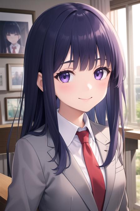 ((masterpiece)),(best quality),official art,extremely detailed CG,unity 8k wallpaper,ultra detailed,beautiful detailed eyes,extremely detailed face,shop,1girl,solo,upper body,(portrait:1.5),looking at viewer,facing viewer,smile,furude rika,long hair,blue hair,violet eyes,hime cut,sidelocks,blunt bangs,eyebrows visible through hair,st. lucia academy school uniform,blazer,grey jacket,collared shirt,white shirt,red necktie,medium breasts,blue skirt,pleated skirt,white socks,loafers,<lora:Furude Rika(hnnk)>,