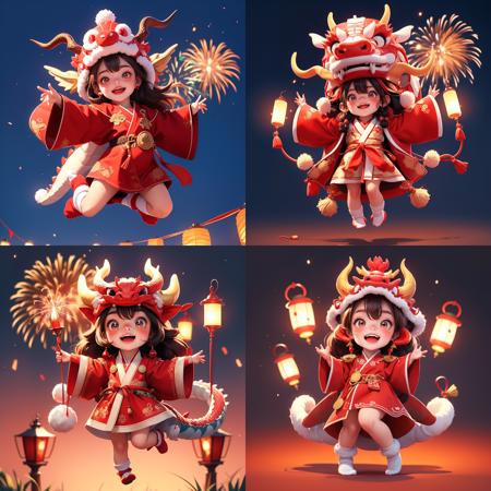 dragon,1girl,blush,cute,happy,dragon horns,red fleece robe,parted lips,red long hair,full body,cropped shoulder,white fluffy socks,laughing,lantern,jumping,firework background,<lora:æ°æ¥å°é¾:0.6>,, masterpiece,best quality,ultra-detailed,