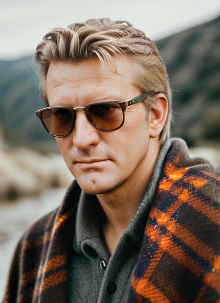 ( <lora:KirkDouglas:.8>) close up Portrait photo of (kd1) man with blonde hair, Detailed face, (perfect eyes), (realistic matte skin:1.1), heavy body, wearing  ((Pendleton - Men's Plaid Wool Poncho and Gucci GG0418S sunglasses)), Modelshoot style, Professional Photography, soft neon red lighting, PHOTOREALISTIC, Realistic, standing in a white background, blurred background, volumetric fog,. RAW, analog style, sharp focus, 8k, HD, DSLR, high quality, Fujifilm XT3, film grain, award winning, masterpiece,