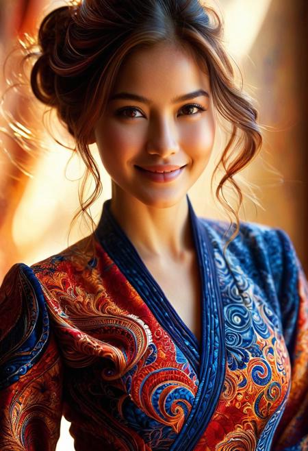 A hyper-realistic portrait of a young woman, focusing on her upper body, adorned in a vibrant batik-inspired outfit with intricate, swirling patterns of indigo, crimson, and gold, softly illuminated by warm, natural light, with a shallow depth of field, blurring the background to emphasize her gentle, enigmatic smile, in the style of digital painting with delicate, textured brushstrokes.