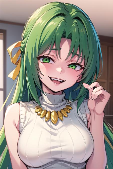 Sonozaki Shion, green hair, green eyes, long hair, yellow ribbon, angel mort dress, black  thighighs, Sonozaki Shion, green hair, green eyes, long hair, yellow ribbon, white shirt, blue necktie, blue skirt, black kneehighs,  Sonozaki Shion, green hair, green eyes, long hair, yellow ribbon, yellow necklace, turtleneck sweater, black skirt, 