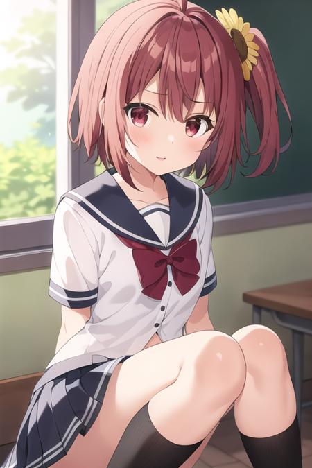 masterpiece, best quality,1girl,solo,aoi hinata,red hair,red eyes,short hair,side ponytail,ahoge,hair flower,school uniform,serafuku,red bowtie,white shirt,miniskirt, black socks,<lora:himawari:0.5>