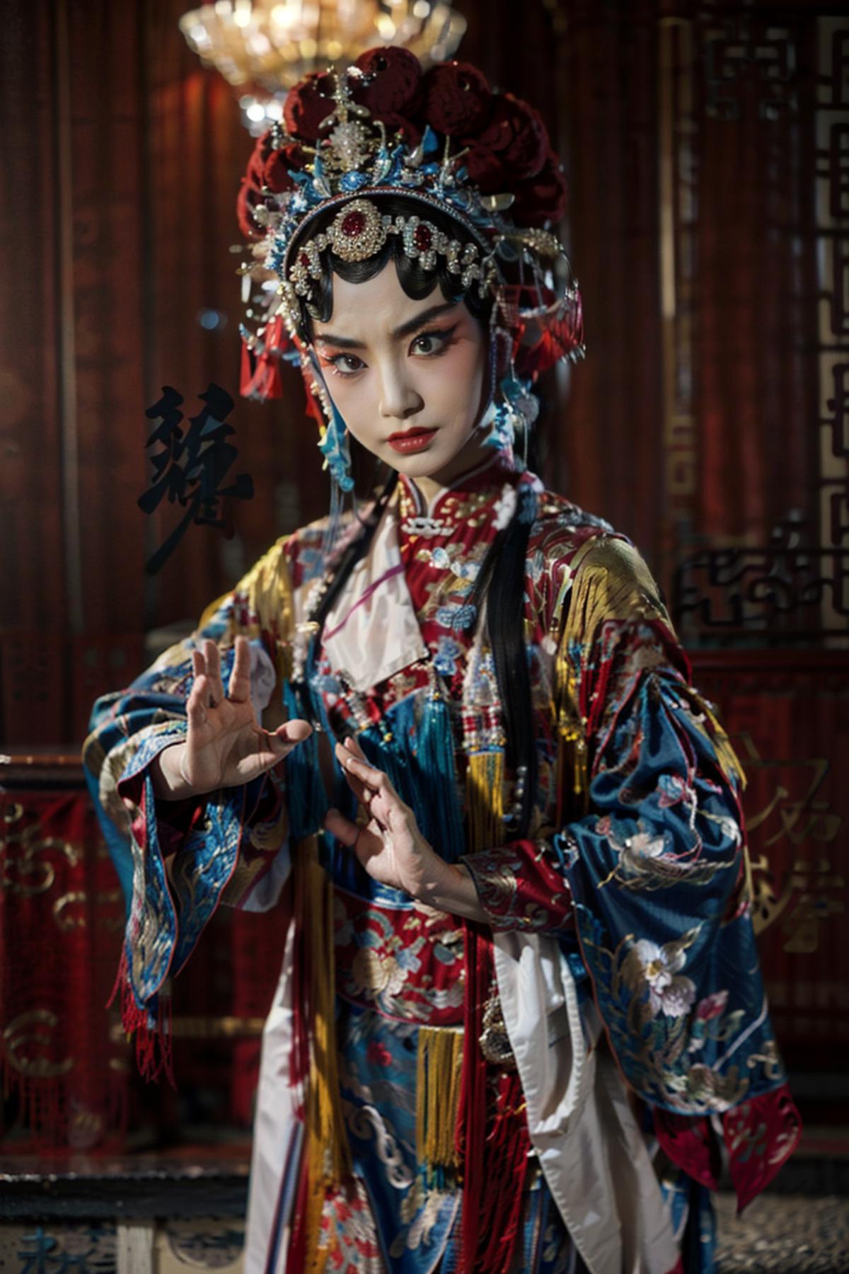 A woman in a traditional Chinese dress with red hair.