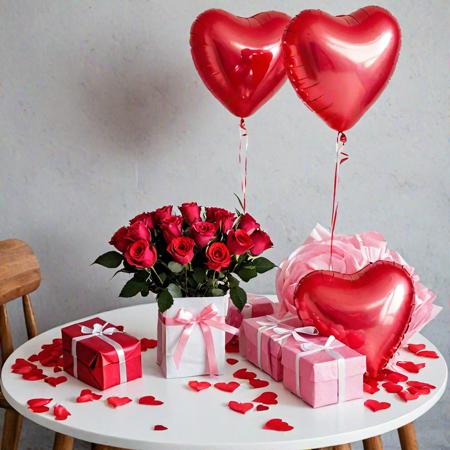 a lot several heart-shaped balloons red, a gift bag and a bouquet of pink roses on a table. Very realistic photography