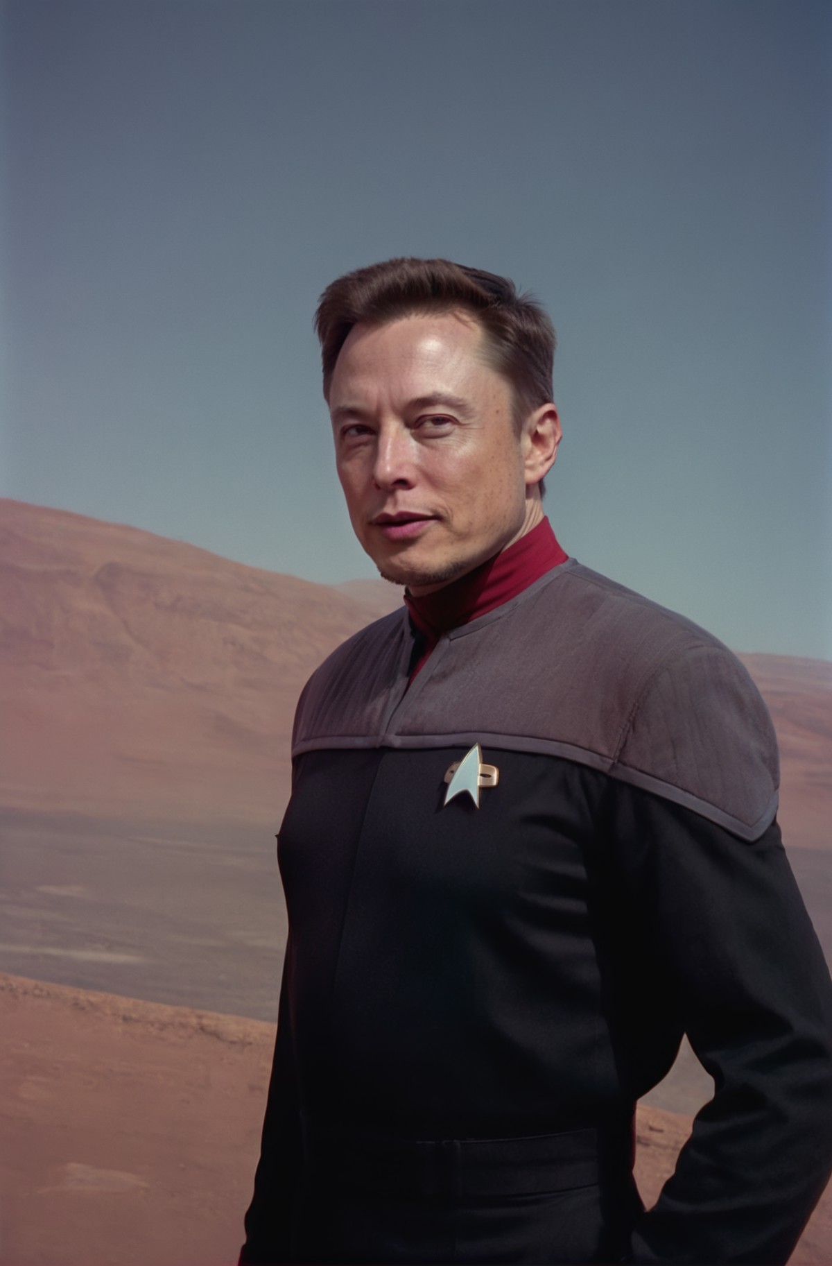 Elon Musk on Mars,  in black and grey ds9st uniform,red collar, professional photo, shot on Hasselblad <lora:DS9XLVGRAD3:0.8>