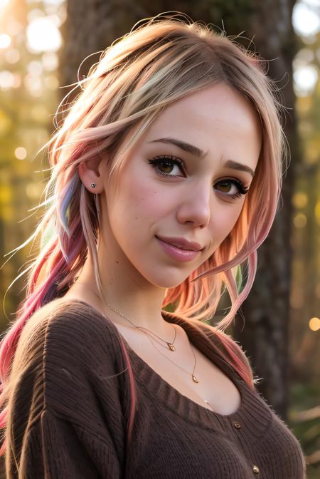 real life raw photo of a beautiful girl (AV3401:0.99), full body photoshoot, full round face, short smile, brown sweater, forest setting, cinematic lightning, medium shot, mid - shot, highly detailed, trending on artstation, iso 2 0 0, f 1. 4, (8 0 mm:1.03), 8 5 mm, natural light, (morning haze:1.2), absurdres, incredibly_absurdres,