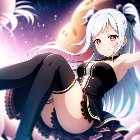 best quality, ultra high res,1girl, solo focus, elbow dress, black thighhighs, frills, ribbons,  (white hair:1),floating hair,looking at viewer, facing front