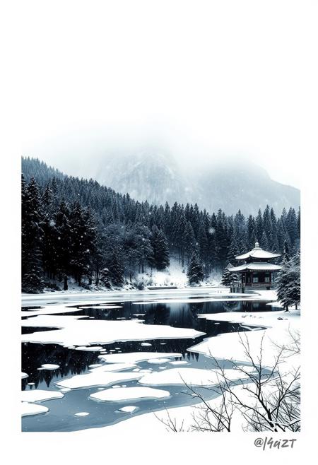 landscape, reijfrmd, white frame, ink, idyllic winter scene of ice forming around the margins of a mountain lake, snowy forest, shinto temple, snow falling