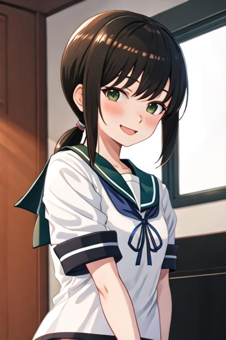 best quality, masterpiece, highres, solo, {fubuki_kantaicollection:1.15}, black_hair, ponytail, short_ponytail, serafuku, sidelocks, low_ponytail, smile, green_eyes, open_mouth, blush