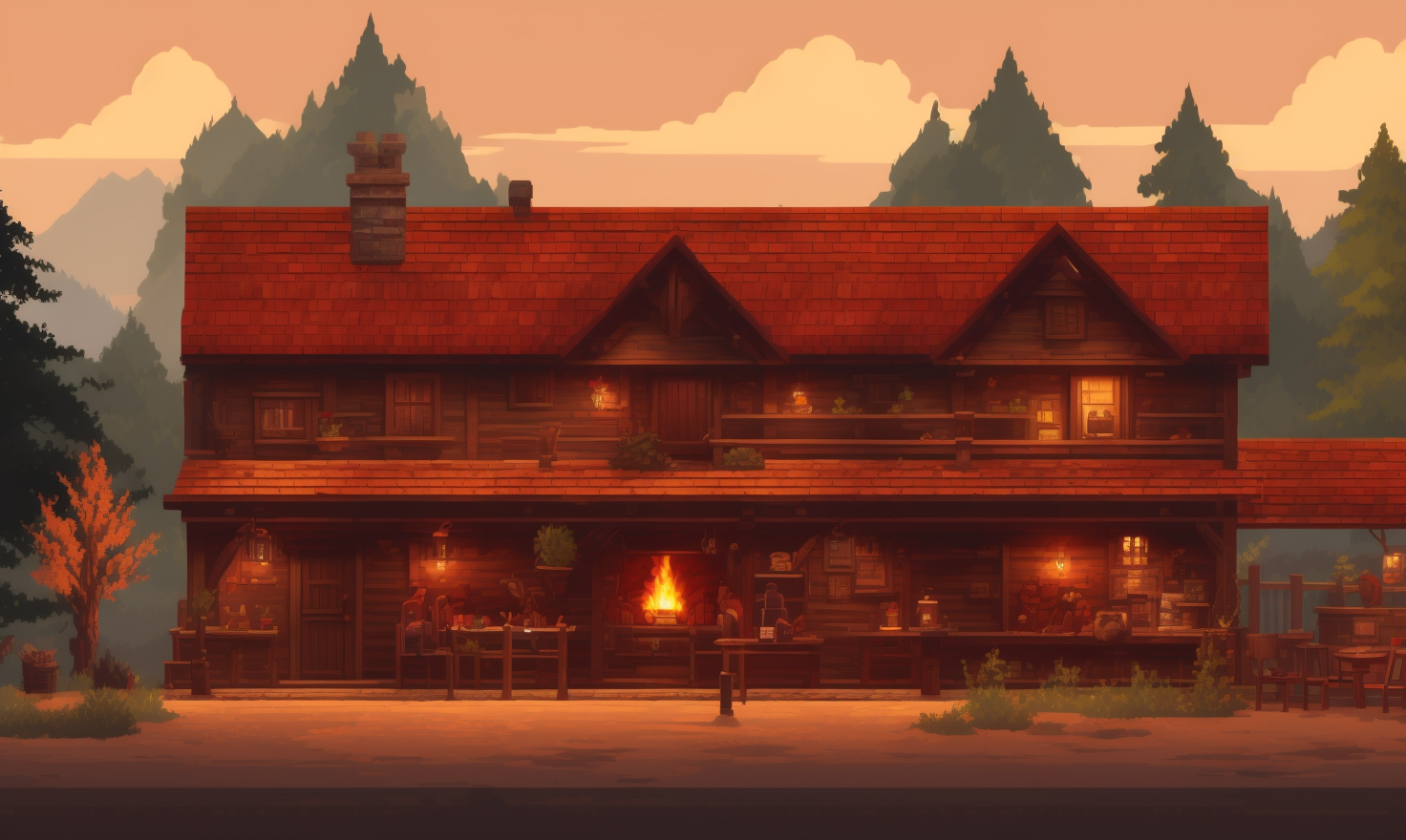 pixelart  video game environment, Produce an image of a charming and cozy tavern, with a roaring fireplace, a friendly bar...
