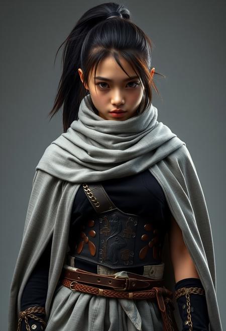 full shot of a japanese ninja girl, She has a tall ponytail hair style, She has a scar in the right eye, She wears a grey scarf cape, She wears two warrior belts with chains, she wears a Battle leather corset, she wears a black T-shirt, she wears light grey Explorer trousers, photography studio style, hyper realistic, ultra detailed