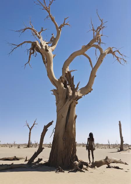 1girl,nsfw,cinematic_lighting,sidelight,<lora:huyang_XL_0_:0.8>,huyang,a dead tree in the middle of a desert area with a blue sky in the background and a few dead trees in the foreground,