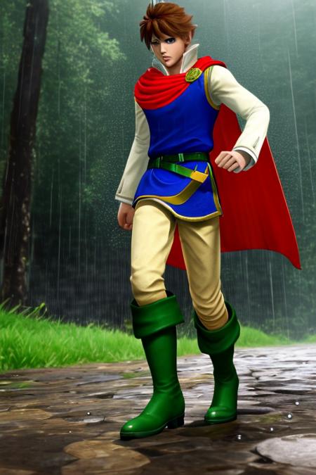 masterpiece, best quality, bartz klauser, brown hair, short hair, blue eyes, blue shirt, red cape, green belt, white pants, green boots, solo,  forest, walking, rain, <lora:Bartz:0.8>