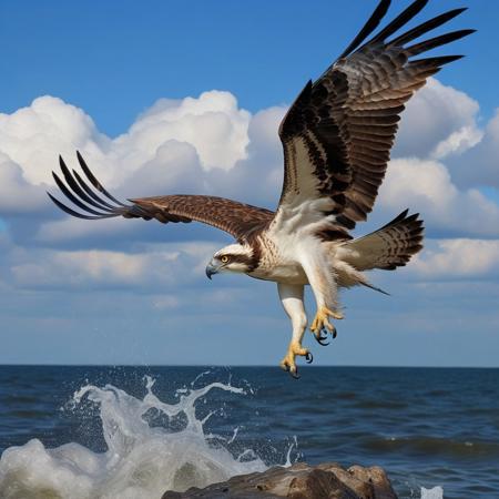 osprey eagle in flight rushing into the sea, blue sky background with cumulo-nimbus cloud, photography very realist