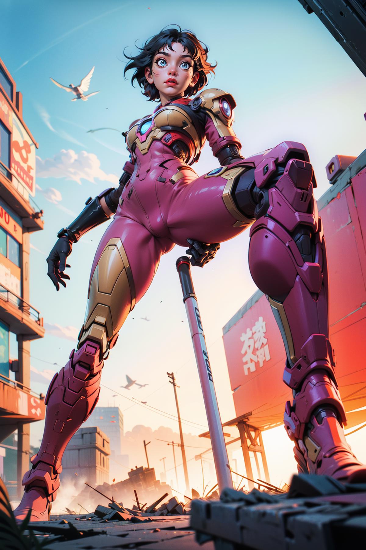 3D Rendering of a Woman in a Pink and Gold Iron Man Suit Standing on a Pole.