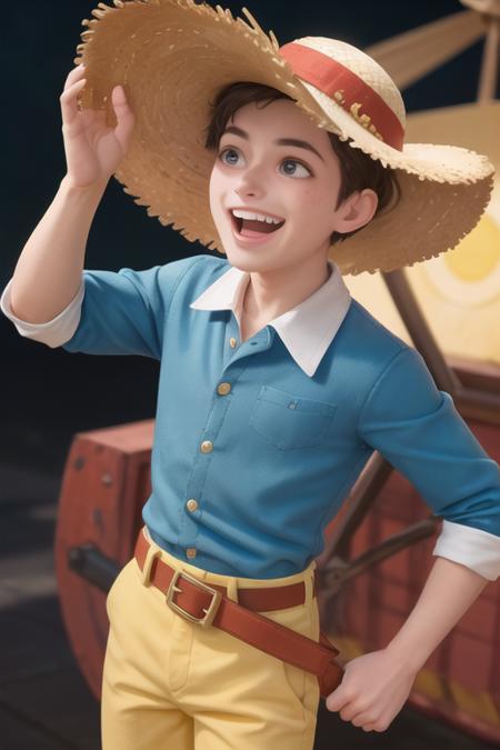 boy, handsome, detailed eyes, laughing, yellow straw hat, red sleeves, yellow sash belt, blue pants, ship, sea, dynamic pose, (close up, from belt:1.2), (best quality, high quality:1.2), intricate details, 8k, photorealism, photorealistic, bokeh, cinematography, cinematic, cinematic lighting, cinematic bloom, sharp focus, sfw