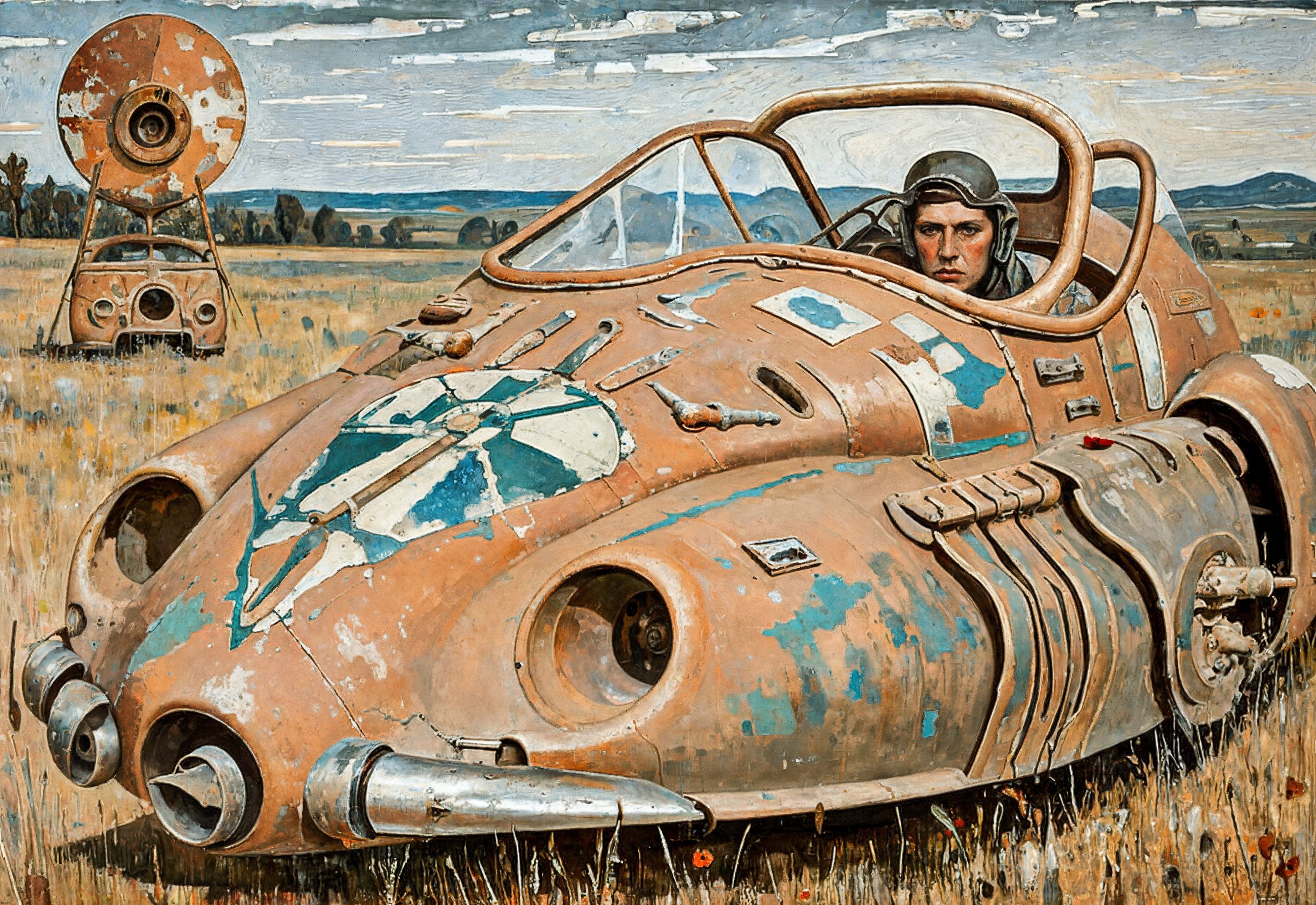 A Painting of a Man in a Futuristic Vehicle