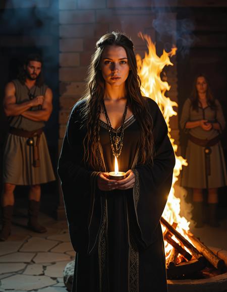 RAW full body image of a gorgeous 25 years old Gorgeous Viking Woman Brunette, loose hair, <lora:NordicByNature:0.8>,Keeper of Sacred Fire, A Viking woman tending a ceremonial flame in a grand temple, her expression solemn as she honors the gods.,low light, soft natural light, Rembrandt style light, Hasselblad DLSR camera, 200mm Zeiss lens, f/2.8, clear focus, high resolution image, (soft naural light), (rembrandt light), (soft shadows) ,Sexy pose, erotic pose, exhibitionism,