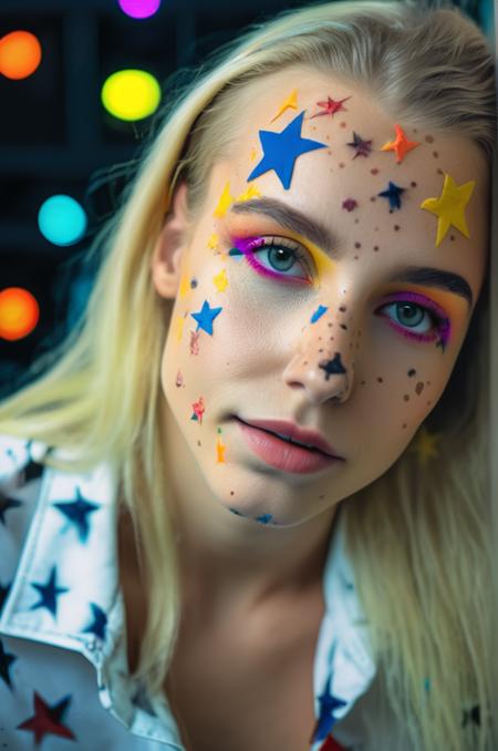 portrait photo of an 20 years old european blonde haired woman sitting in office,  style \(artistic makeup with colored stars\) , 8k, uhd, realistic, detailed skin, insane detailed, Illumination daylight, <lora:artisticmakeup_bit_winks_yamer:1>