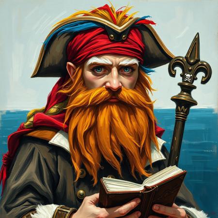 Oil painting rendered in a loose, impressionistic style with thick, expressive brush strokes. Full body portrait of a young pirate wizard. His outfit is a mish mash of wizard-like scholastic and pirate clothes. He wears a red bandana and has a long ginger beard. He has big white eyebrows. His hair is a mixture of colors: blue, red, yellow, green. He holds a book and a wizard's staff. The background shows sea and a horizon.
