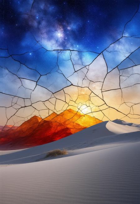 Imagine a surreal, Cubist rendering of the Namib Desert at twilight, fractured into stained-glass shards under a vast, star-studded sky. Towering dunes, rendered as geometric planes, shift and overlap, displaying a spectrum of oranges, reds, and purples as the last rays of sunlight hit the sand. The sky is a swirling vortex of blues and violets, punctuated by intensely bright stars. Photorealistic elements are focused on the texture of the sand â the wind-blown ripples and the subtle differences in color â contrasting sharply with the abstract, fragmented landscape. The overall composition emphasizes the immense scale and quiet majesty of the desert, while the stained-glass effect creates a sense of otherworldly beauty. Render in 8k resolution, employing dramatic lighting and subtle chromatic aberration to enhance the dreamlike quality.