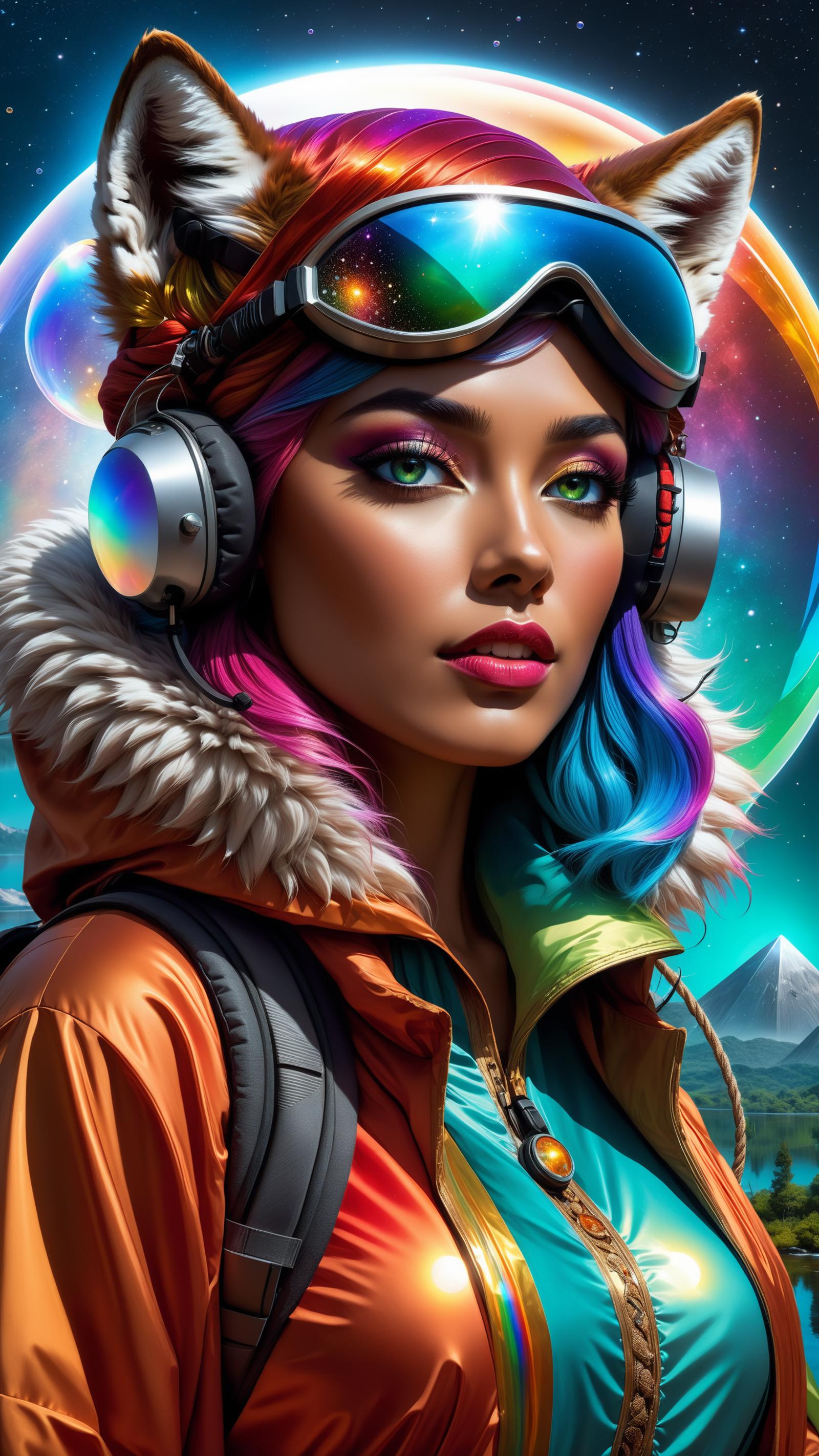 Digital Art of a Woman in a Vibrant Outfit, Wearing Headphones and Goggles.