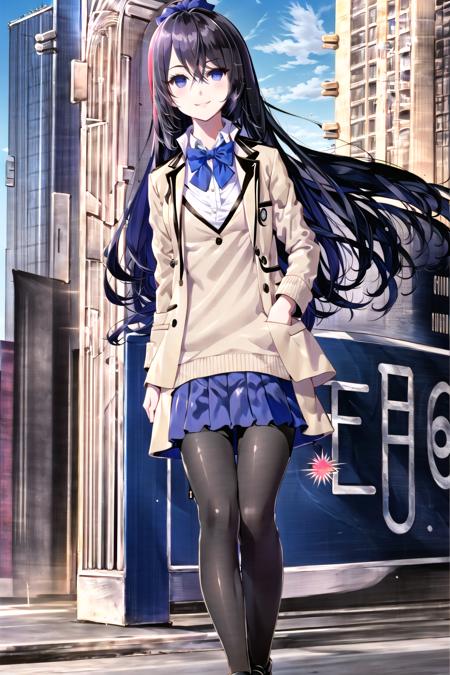 solo, 1girl, otoha hiiragi, (school uniform, beige jacket, open jacket, long sleeves, blue cardigan, red bowtie, blue pleated skirt, black pantyhose, black loafers), smile, looking at viewer, standing, (city, blue sky, sunlight, outdoors), (full body), <lora:negative-e12-15:-1.5>