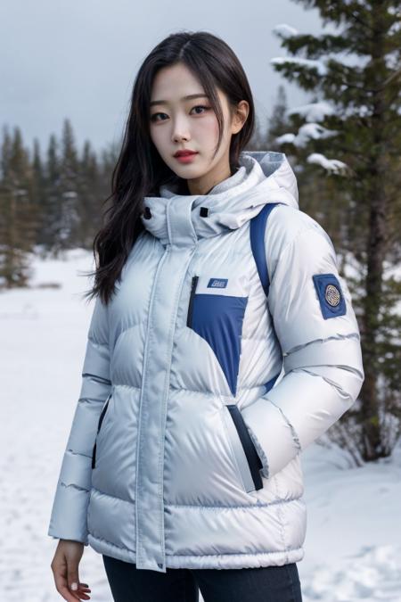 masterpiece, best quality, ultra-detailed, ultra high res, (photorealistic:1.4), raw photo, (realistic:0.2), CG, 8k HDR, perfect lighting, 1girl, solo, looking at viewer, (winter clothes, padded jacket), outdoor, (snow, snowflakes), night, scattered cloud, aurora sky, upper body, lower body, asymmetrical short hair, (detailed oily skin, medium breasts:0.8), (detailed face), (detailed background :1.1), hands in pocket, cold weather,