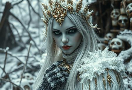 “A hyperrealistic depiction of an ice princess with an eerie ambiance, wearing heavy gothic makeup, set in a rotten and decayed world. The scene is intricate with frost-covered elements, blending a fantasy horror concept with a dark fairytale wonderland background. The white and gold color palette contrasts sharply with decayed, rotting surroundings, creating a haunting atmosphere. The image uses a 12mm lens effect to enhance depth and distortion, with sharp contrasts, deep shadows, and an ultra-detailed photorealistic style. The ice princess appears both enchanting and sinister, emanating mesmerizing visual storytelling in a chilling, frost-bitten, decayed environment.”